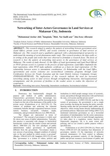 Networking of Inter-Actors Governance in Land Services at Makassar City, Indonesia. By: Muhammad Anshar Akil