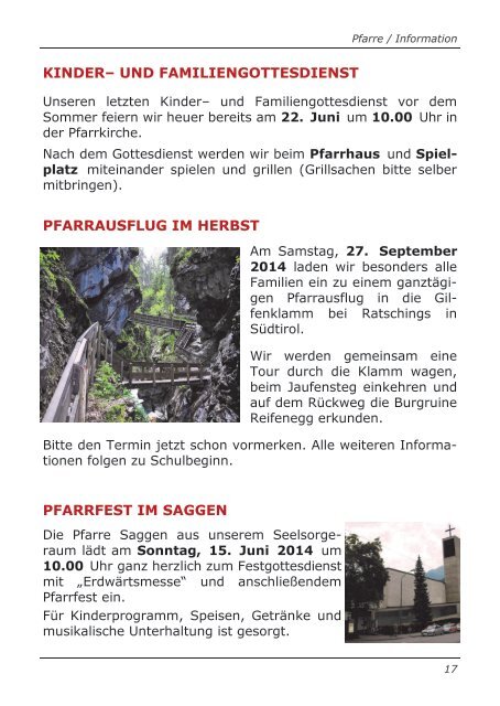 Pfarrbrief Innsbruck / Arzl - Nr. 2 Pfingsten / Sommer 2014