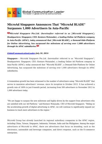 MicroAd Singapore Announces That "MicroAd BLADE" Surpasses 1,000 Advertisers In Asia-Pacific