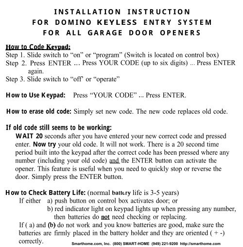 installation instruction for domino keyless entry system - Smarthome