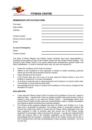 Fitness Centre Membership Application Form - Shire Of Mount Magnet
