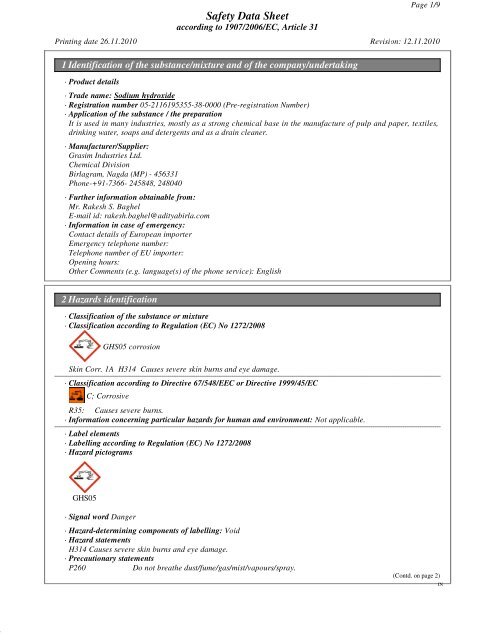 View Material Safety Data Sheet Aditya Birla Chemicals