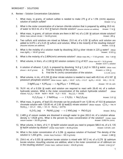 WORKSHEET - SOLUTIONS A. Review â Solution ... - Ccchemistry.us