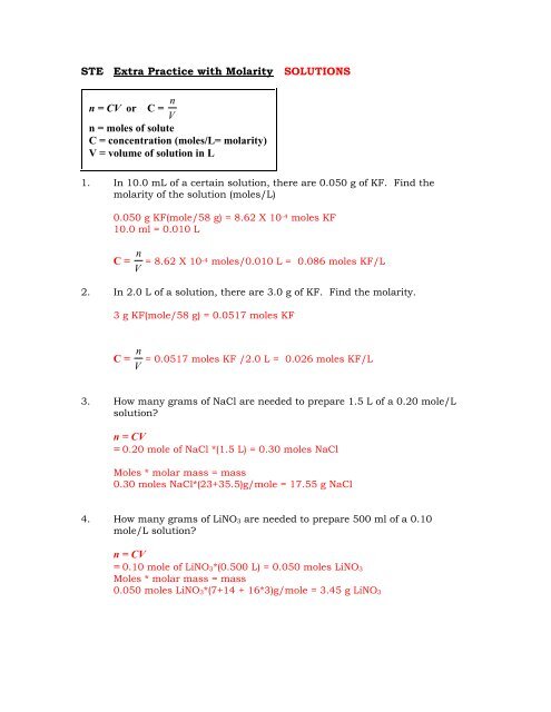 Ste Extra Practice With Molarity Solutions N Cv Or C N V N