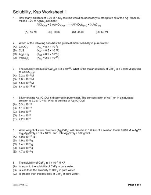 Solubility Ksp Worksheet 1