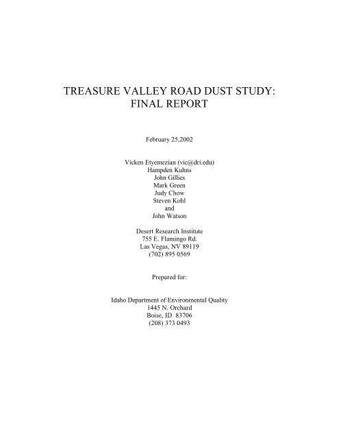 treasure valley road dust study: final report - ResearchGate