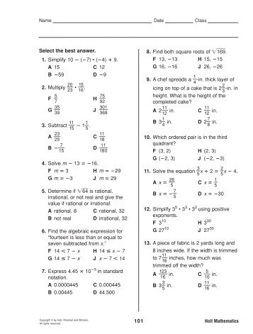 101 Select the best answer. 1. Simplify 10 (7) • (4) 9. A 15 C 12 B 59 ...