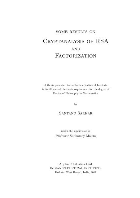 Cryptanalysis of RSA Factorization - Library(ISI Kolkata) - Indian ...
