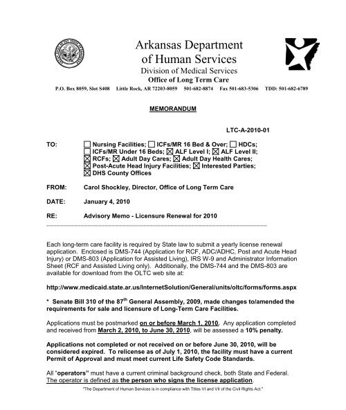 Notice of License Renewal ALF/RCF/ADC/ADHC/PAHI Arkansas