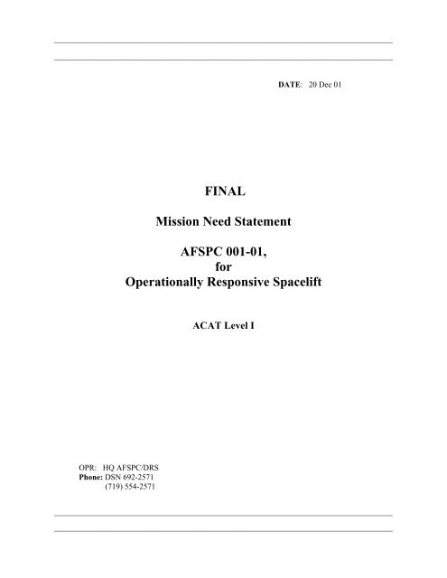 FINAL Mission Need Statement AFSPC 001-01, for Operationally ...