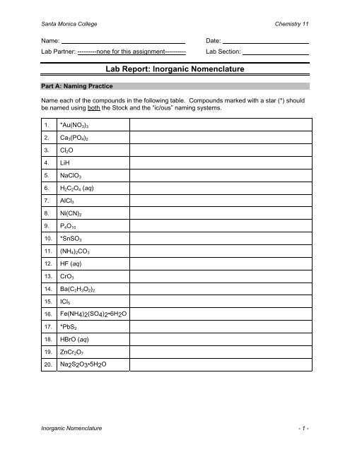 Lab Report: Inorganic Nomenclature - Santa Monica College