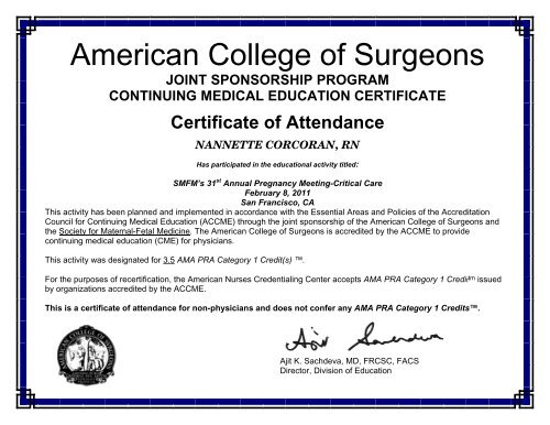 Critical Care-Nurses Certificate of Attendance - Society for
