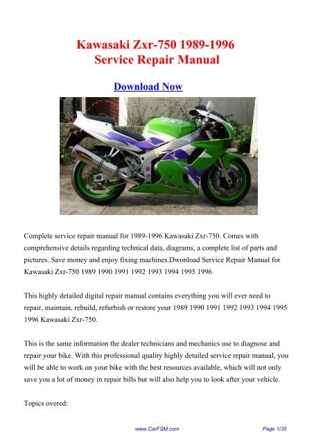 gå Pioner pensum Download Kawasaki Zxr-750 1989-1996 Service Repair ... - Carfsm