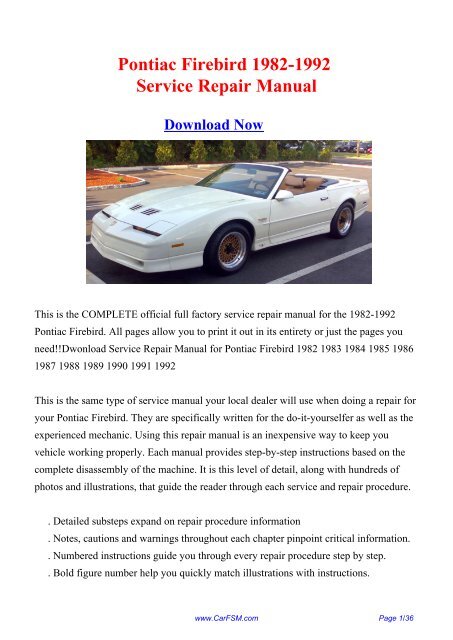 Download Pontiac Firebird 1982-1992 Factory Repair Manual