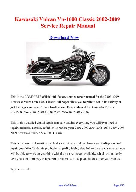 Kawasaki Vulcan Vn-1600 Classic 2002-2009 Factory ... - Carfsm