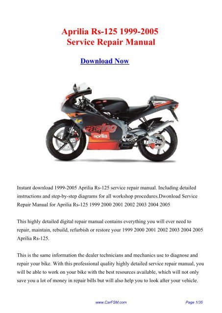 Download 1999-2005 Aprilia Rs-125 Workshop ... - Repair manual