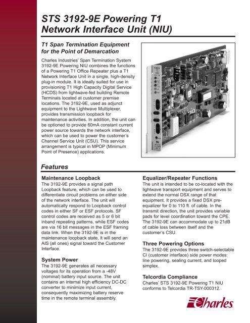 STS 3192-9E Powering T1 Network Interface Unit (NIU) - Charles ...