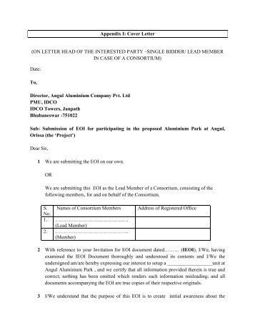 Appendix I: Cover Letter (ON LETTER HEAD OF THE ... - IDCO