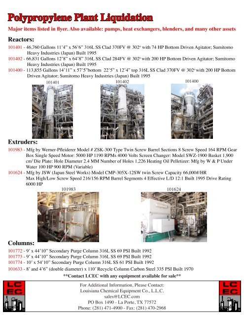 Polypropylene Liquidation - Louisiana Chemical Equipment Co. LLC