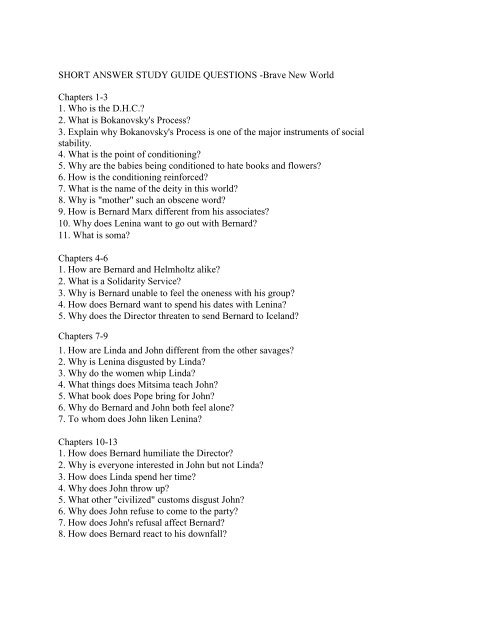 SHORT ANSWER STUDY GUIDE QUESTIONS -Brave New World ...