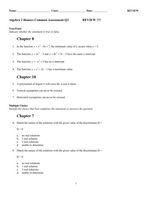 Examview Algebra 2 Honors Q3 Common Assessment Review B Tst
