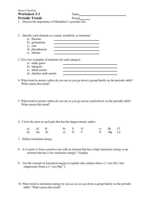 Worksheet 3 Periodic Trends Ms