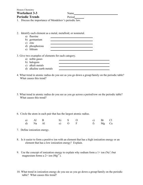 Worksheet 3-3 Periodic Trends - Ms. Heininger's Science Page