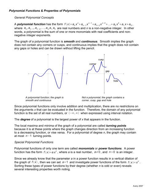 Polynomial Functions & Properties of Polynomials General ...