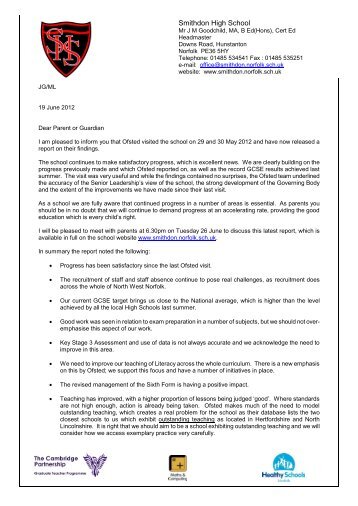 Letter regarding recent Ofsted Visit - Smithdon High School ...