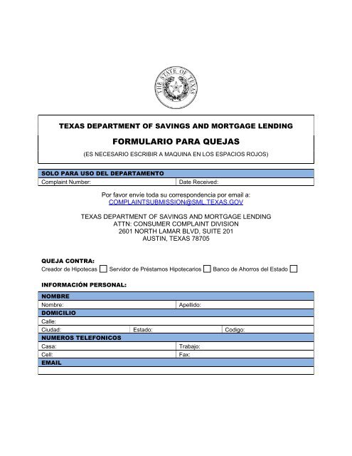 Consumer Complaint Form (SPANISH - EMAIL) - Texas Department ...