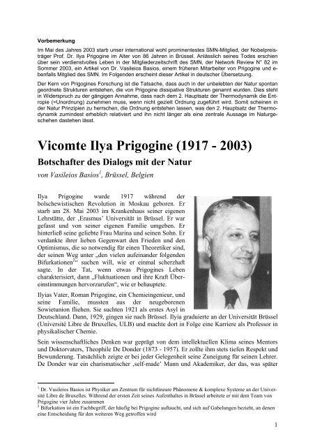 Vicomte Ilya Prigogine (1917 - 2003) Botschafter des Dialogs mit der ...