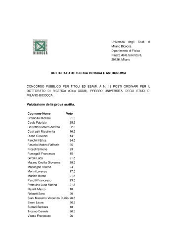 Graduatoria della prova scritta - Dipartimento di Fisica G. Occhialini