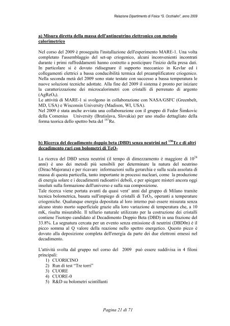 Relazione Anno 2009 - Dipartimento di Fisica G. Occhialini - Infn