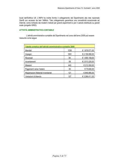 Relazione Anno 2009 - Dipartimento di Fisica G. Occhialini - Infn