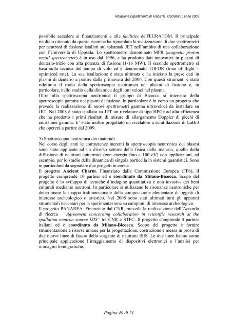 Relazione Anno 2009 - Dipartimento di Fisica G. Occhialini - Infn