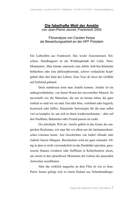 Die Fabelhafte Welt Der Amélie Interpretation Die fabelhafte Welt der Amélie - Manuskripte