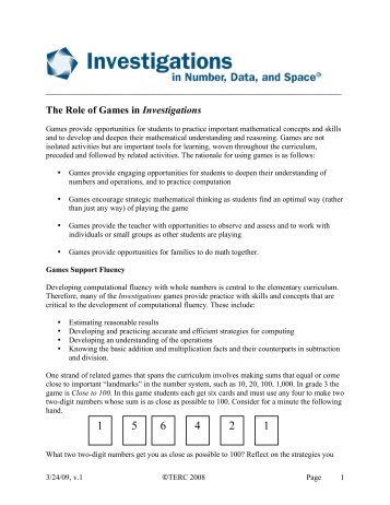 The Role of Games in Investigations - Investigations - TERC