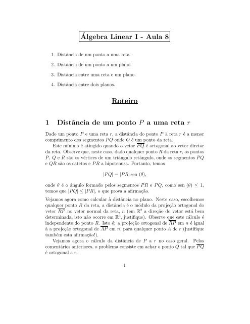 Â´Algebra Linear I - Aula 8 Roteiro 1 DistÃ¢ncia de um ponto P a uma ...