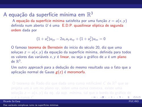 Das variáveis complexas rumo às superfícies mínimas