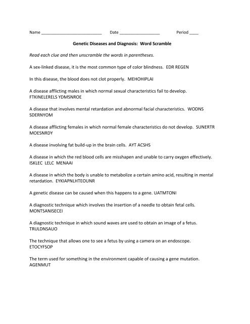 Genetic Diseases And Diagnosis Word Scramble Read Each Clue