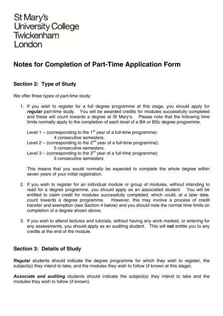 Notes for Completion of Part-Time Application Form - St Mary's ...