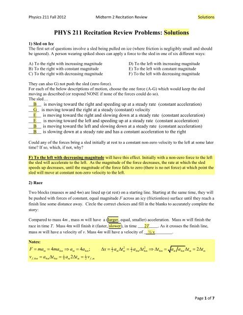 PHYS 211 Recitation Review Problems: Solutions