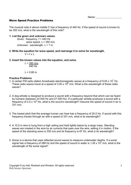 Ps 7 4 Wave Speed Practice Problems Science Spectrum