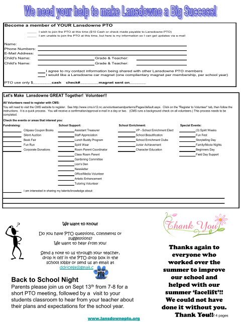 SEPTEMBER PTO NEWSLETTER Lansdowne Elementary School ...