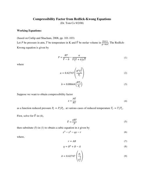 Compressibility Factor from Redlick-Kwong Equations