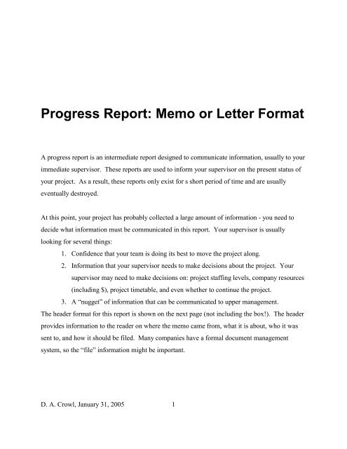 Progress Report: Memo or Letter Format