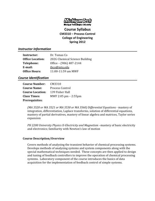 Course Syllabus - Chemical Engineering