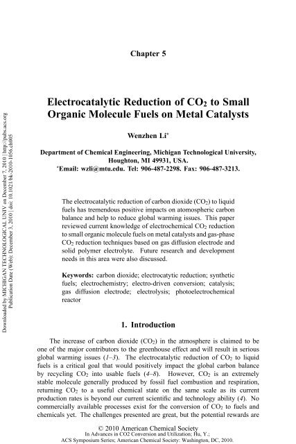 Electrocatalytic Reduction of CO2 to Small Organic Molecule Fuels ...