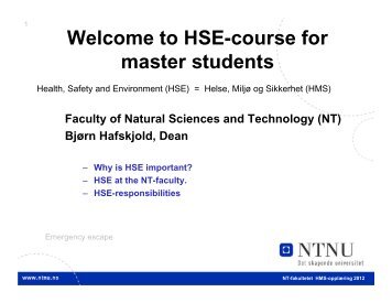 Welcome to HSE-course for master students - NTNU