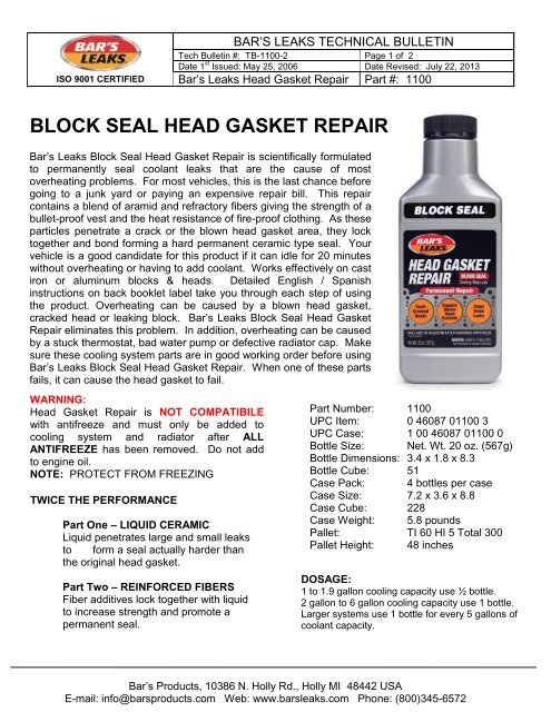 BLOCK SEAL HEAD GASKET REPAIR - Bar's Leaks & Rislone